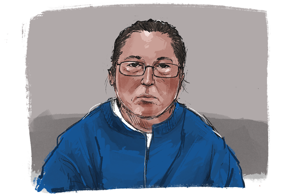 A tribunal  sketch of Erin Patterson from April 2024.