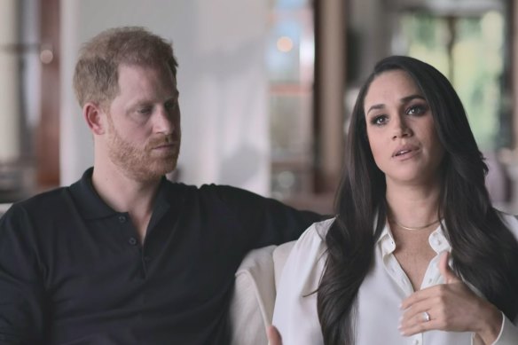 Meghan, Duchess of Sussex, and Prince Harry on their first Netflix show, Harry & Meghan, in 2022.