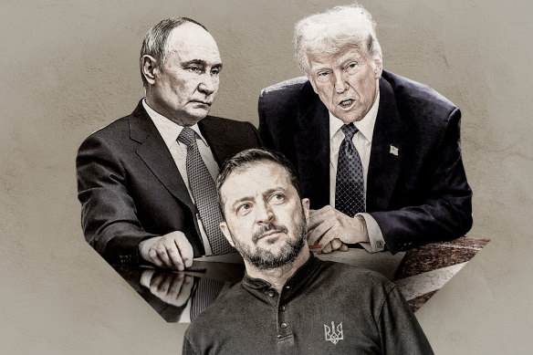 It’s becoming clear that Ukraine’s Volodymyr Zelensky (front) can no longer rely on US assistance. Donald Trump (right) wants a deal with Russia’s Vladimir Putin and wants it fast.