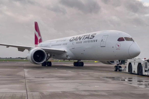 A Qantas repatriation flight leaves Ben Gurion Airport in Tel Aviv bound for London.