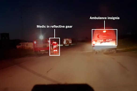 The video obtained by the Times shows that the approaching ambulances and fire truck were clearly marked and had their emergency signal lights on when Israeli troops hit them with a barrage of gunfire.