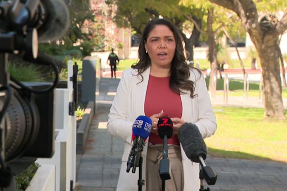 Jacinta Price addresses the media in Perth on Wednesday