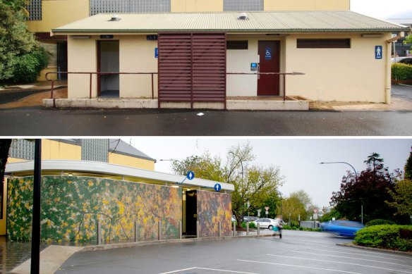 Before and after: The public toilet block in Leura.  New block by Welsh + Major. 