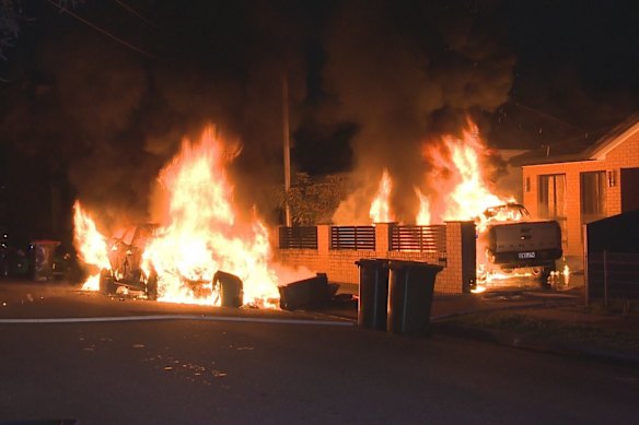 The two cars were set ablaze within the front yard of a Granville home, and on the street out front.