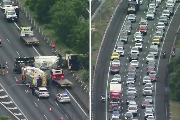 Traffic is backed up on the Bruce Highway following a crash between a cement truck and car.