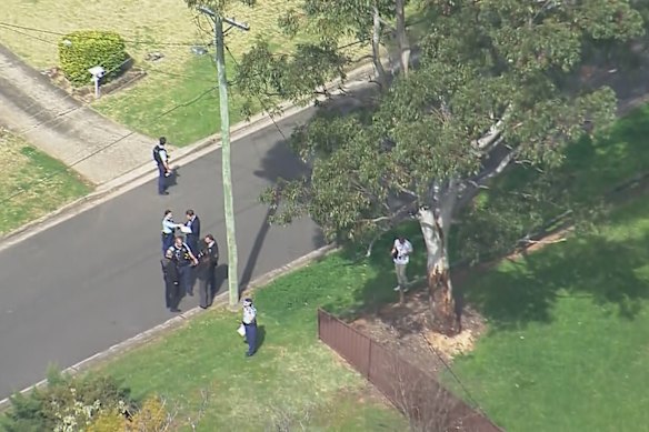 Police at the scene of the shooting on Victor Street, Greystanes.