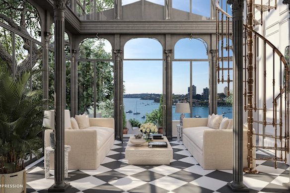 The property comes with DA approval for alterations and additions. There are already multiple verandahs, terraces and a circular lawn with harbour glimpses.