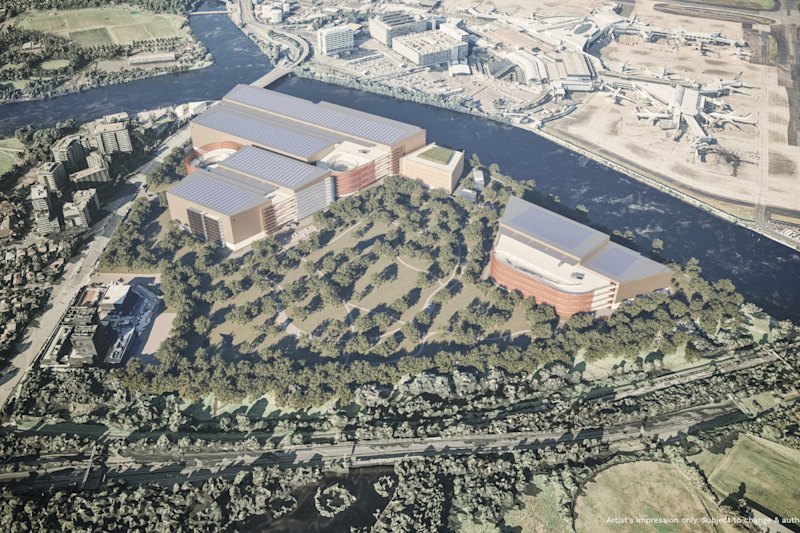 The project, to be constructed in three stages, sits across Cooks River from the tarmac of Sydney Airport.