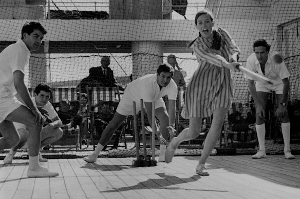 Passengers on a P&O cruise in 1972 play some deck cricket... with care not to hit the porpoises at square leg.