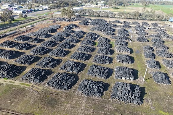 Councils have managed to shrink huge tyre dumps like this former site at Numurkah in Victoria due to regulatory reforms, but we are using more tyres than ever.