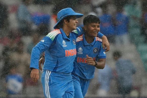 India’s Kranti Goud (right) celebrates the wicket of Australia’s captain Alyssa Healy.