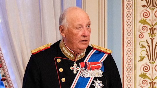 Norway’s King Harald gives a speech during a gala dinner in October 2025.