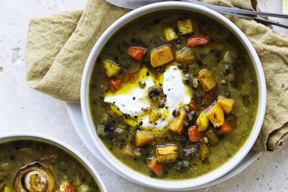 Roasted vegetable and lentil soup.