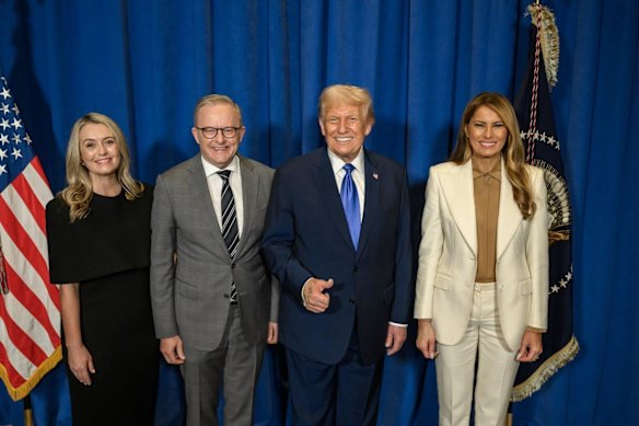 Albanese in New York with fiancee Jodie Haydon (left) and US President Donald Trump and first lady Melania Trump.