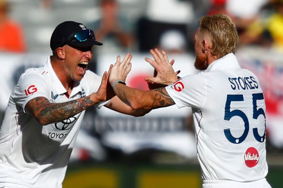 England’s Brydon Carse celebrates a key wicket with skipper Ben Stokes.