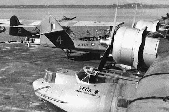 The ‘Double Sunrise’ Catalinas being serviced on the ramp at Nedlands on the Swan River, with Vega Star in the foreground during WWII.