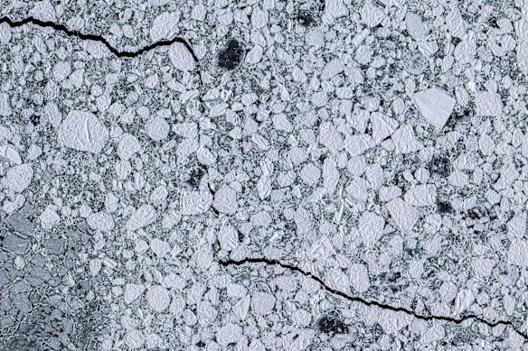 Aerial view of a crack in the pack ice.