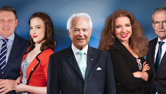 Former ADH TV presenters (from left): Lyle Shelton, Daisy Cousens, David Flint, Alexandra Marshall, Nick Cater.