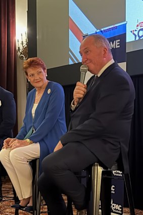 Pauline Hanson and Barnaby Joyce at a CPAC Christmas Party event on Saturday.