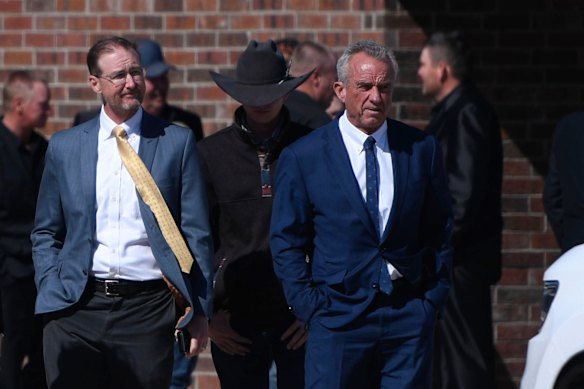 Robert F. Kennedy Jr arrives at Reinlander Mennonite Church after a second measles death in Seminole, Texas, in April.