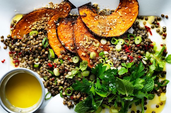 Neil Perry's warm lentil salad with pumpkin and chilli.