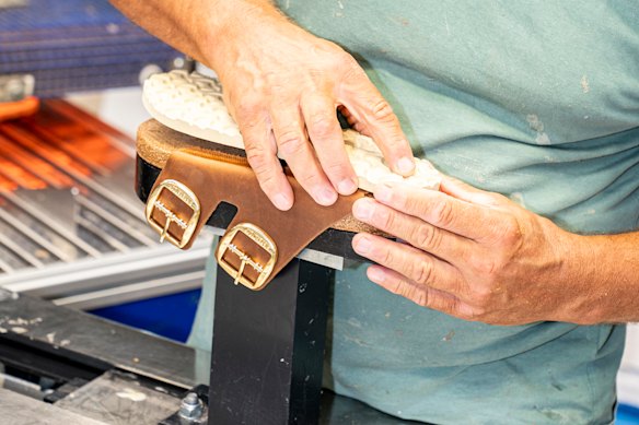 Birkenstocks being assembled at the company’s German factory in Görlitz.