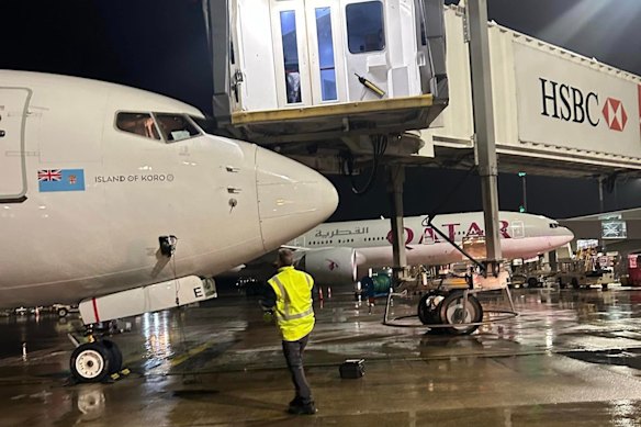 The aerobridge struck the Fiji Airways Boeing 737 late on Saturday night at Brisbane Airport.