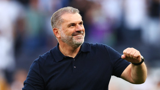 LONDON, ENGLAND - AUGUST 19: Ange Postecoglou, Manager of Tottenham Hotspur, celebrates following the team’s victory during the Premier League match between Tottenham Hotspur and Manchester United at Tottenham Hotspur Stadium on August 19, 2023 in London, England. (Photo by Clive Rose/Getty Images)