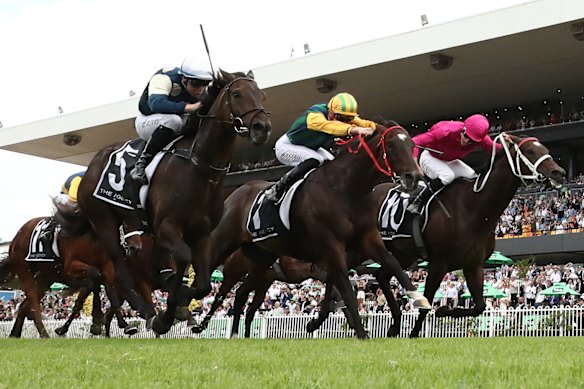 Gringotts (left) wins a thrilling George Ryder Stakes in March.