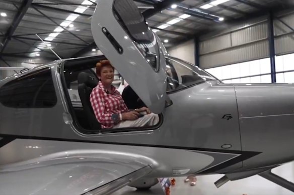 Pauline Hanson in the plane gifted to One Nation by Australia’s richest person, Gina Rinehart.