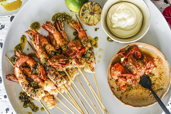 Chermoula prawn skewers with quick tomato relish and aioli.