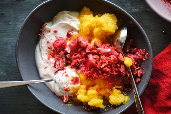 Coconut yoghurt with raspberry and mango granitas.