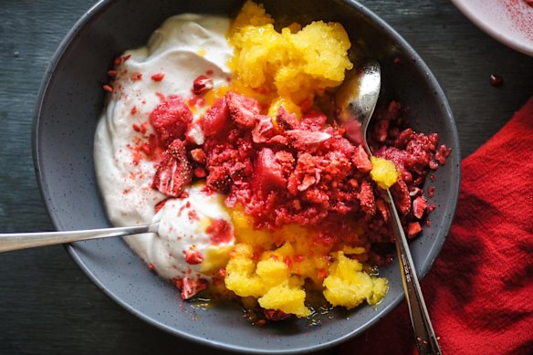 Coconut yoghurt with two granitas.