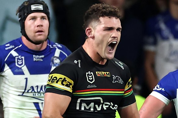  Nathan Cleary celebrates his critical second-half try.
