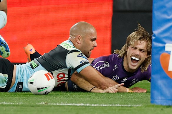 Ryan Papenhuyzen scores a crucial try in Friday night’s preliminary final win over the Sharks.