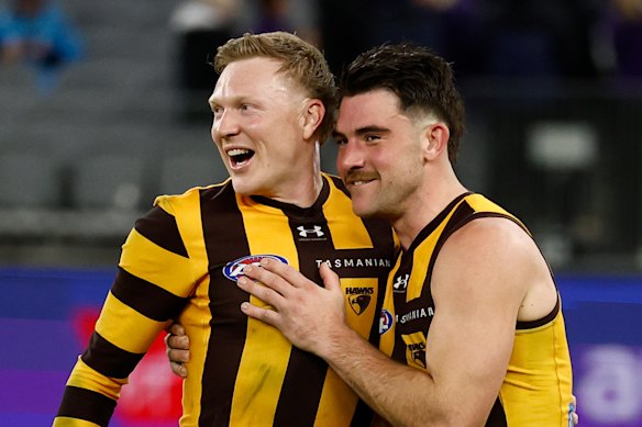 James Sicily, who was brilliant in the qualifying final, celebrates the win with co-captain Jai Newcombe.