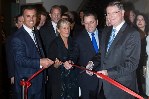 Harry Stamoulis (left), pictured at the Hellenic Museum in 2014 with then multicultural affairs minister Matthew Guy (second right) and premier Denis Napthine.