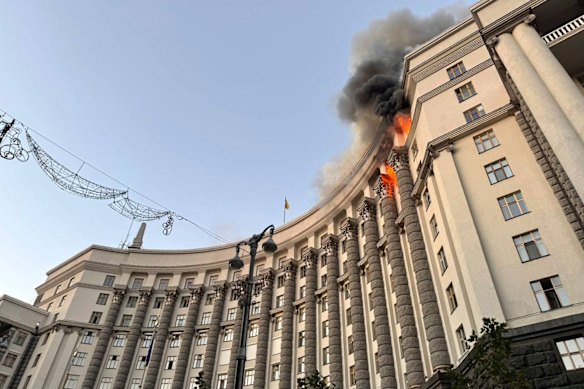 Smoke rises from a fire at the Cabinet of Ministers building after a Russian strike in Kyiv.