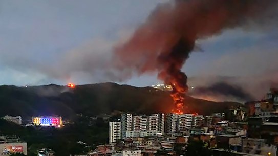 A fire at Fort Tiuna, Venezuela’s largest military complex, after US strikes in the capital Caracas in January.