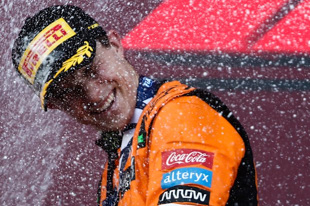 Oscar Piastri on the podium after winning the 2024 Azerbaijan Grand Prix.