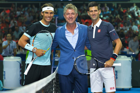 Australian tennis umpire John Blom with Rafael Nadal and Novak Djokovic. 