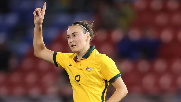 Caitlin Foord celebrates a goal.