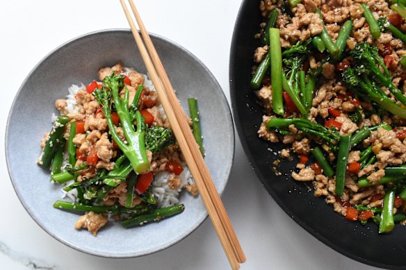 Sticky chicken with capsicum and greens is the perfect sweet-savoury blend.