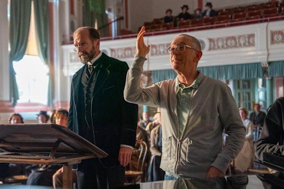 Ralph Fiennes (left) and Nicholas Hytner on the set of <i>The Choral</i>.