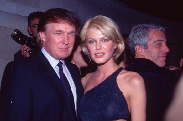Trump, model Ingrid Seynhaeve, and Epstein at a Victoria’s Secret “Angels” party in New York in 1997.