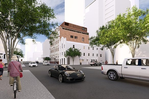 An artist’s impression of 47 Edward Street in Brisbane, a heritage-listed warehouse set to be redeveloped as a four-level home with ground floor commercial space.