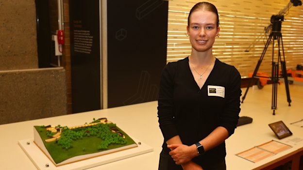 Alexis Evans at the Shape exhibition with her major work for design and technology – an innovative solution tackling the student housing shortage. 