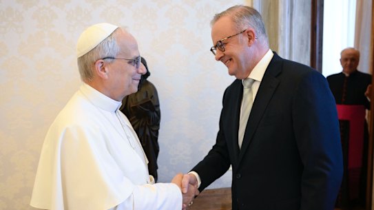 Prime Minister Anthony Albanese is greeted by Pope Leo XIV during a private meeting at the Vatican.