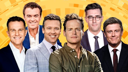 Who will replace Karl Stefanovic? (From left) David Campbell, Michael Rowlands, James Bracey, Tom Steinfort, David Woiwod and James Dry. 