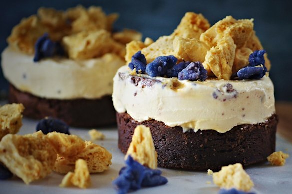 Individual violet crumble ice-cream cakes.